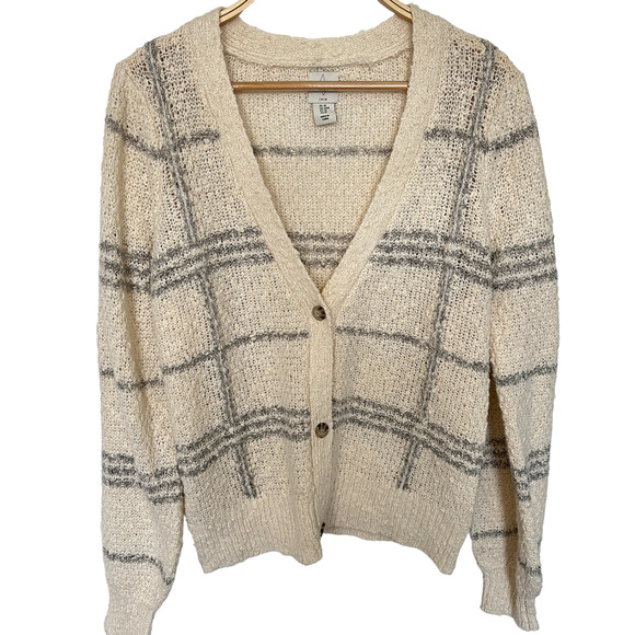 Joie Sweaters - NWT JOIE Plaid Button Up V-Neck Cardigan Sweater Cream Gray M